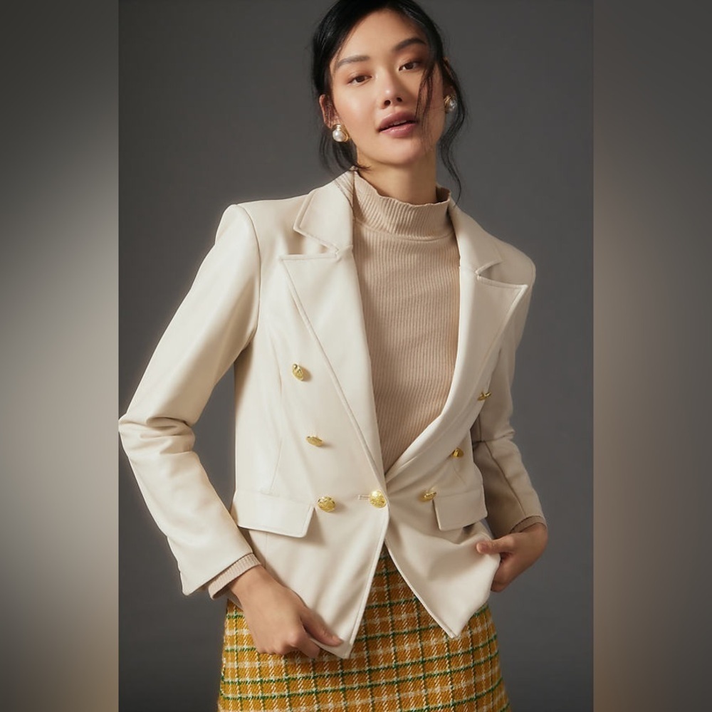 NWT Anthropologie Faux Leather Cream Blazer AS IS sz XL - Picture 1 of 8